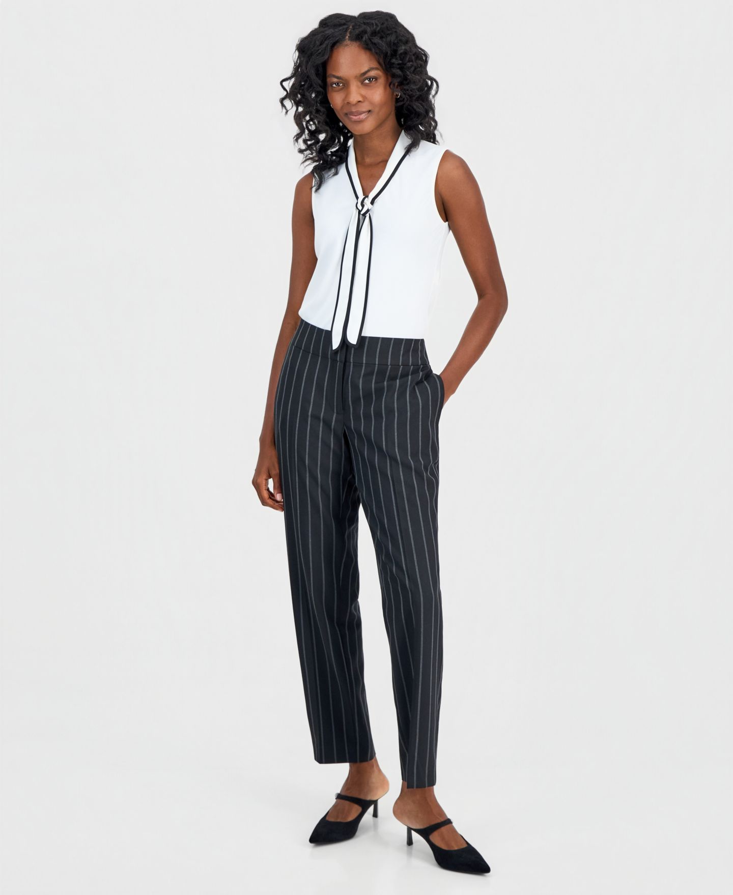 Женские брюки Kasper Ava Straight-Leg Pinstripe, цвет: Чёрный / Ванильный ледяной — фото 3