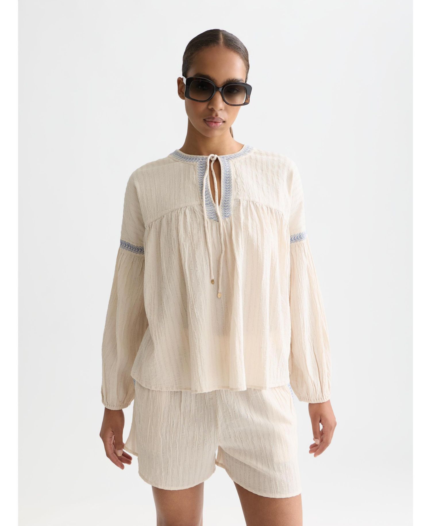 Women's Cotton Crepe Blouse with Embroidered Top