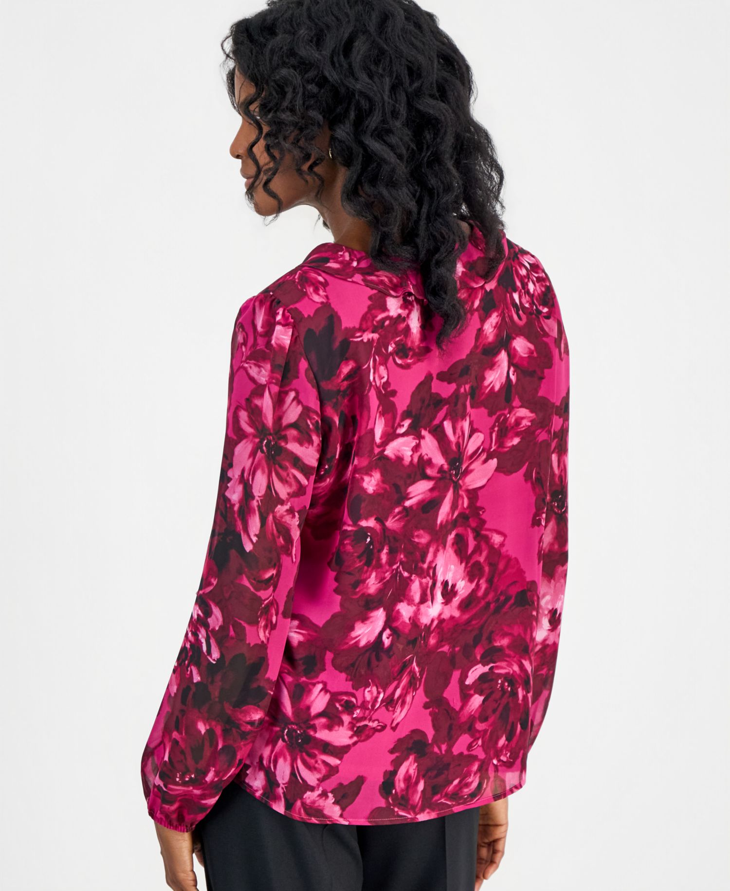 Women's Asymmetric Ruffle-Front Long-Sleeve Blouse