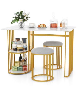 3 Piece Dining Table Set with 2 Stools, 2-tier Storage Shelf Upholstered Seat