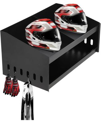 Wall-Mounted Helmet Rack, Aluminum Double Helmet Holder with Hooks for Hanging Clothes, Helmet Stand Storage Cabinet Organizer for Garage