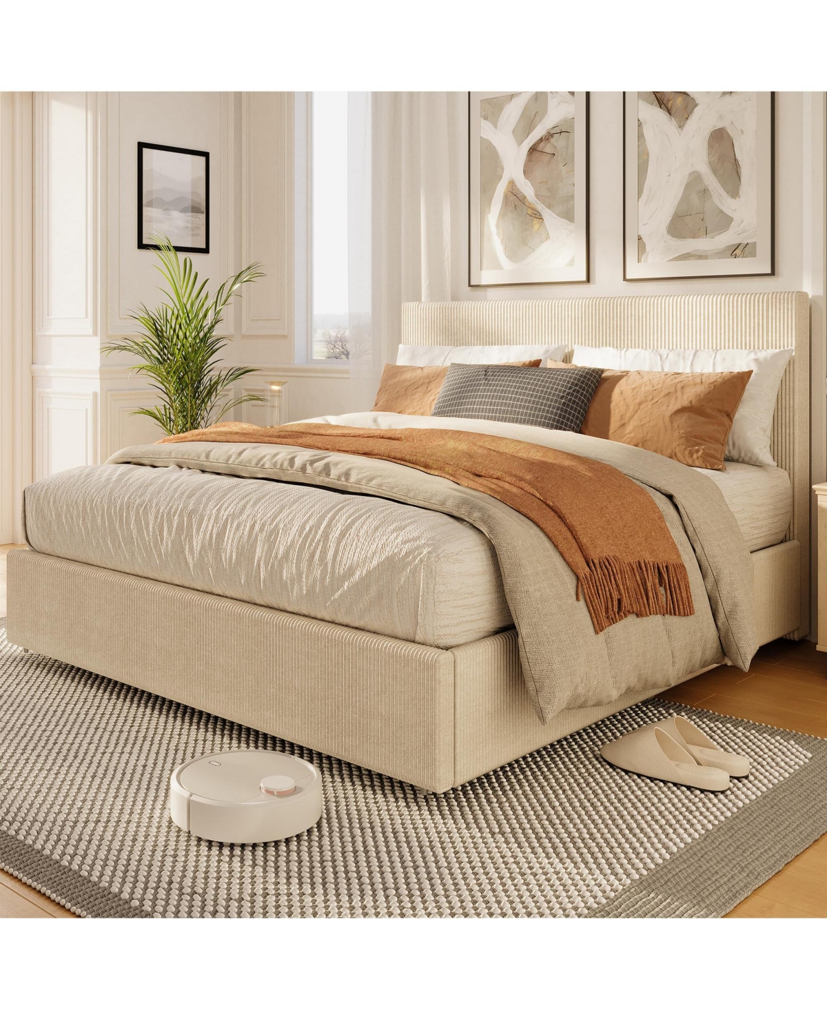 homfan Upholstered Platform Bed Frame with 4 Storage Drawers, Corduroy Channel Tufted Wingback Headboard