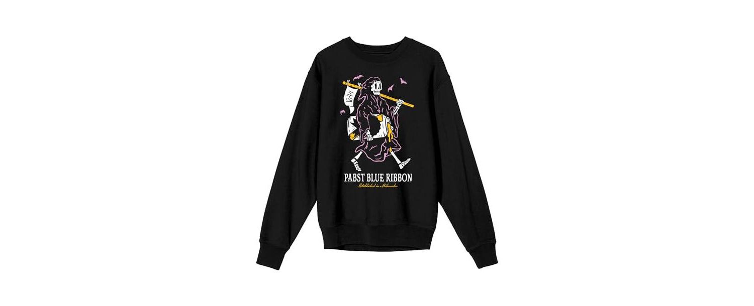 Men's Grim Reaper Enjoying a Beer Adult Black Crew Neck Sweatshirt-3XL
