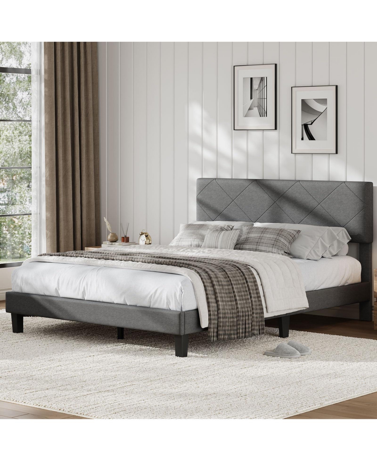 homfan Upholstered Platform Bed Frame with Quilted Headboard, Wooden Slats and Quiet Support