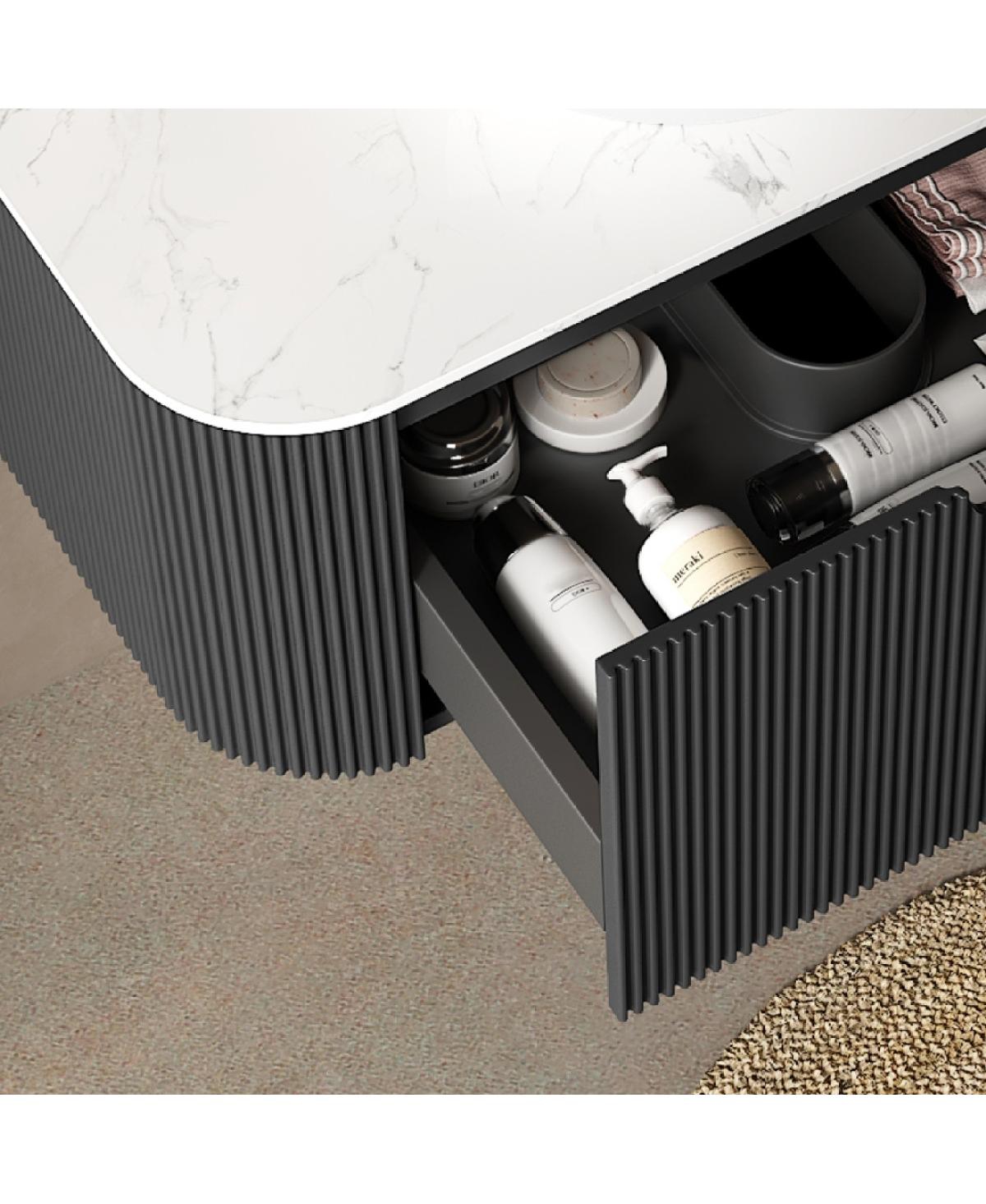 Sillysis Wall Mounted Bathroom Vanity with Sintered Stone Top, Round Ceramic Sink, Black Striped Drawer