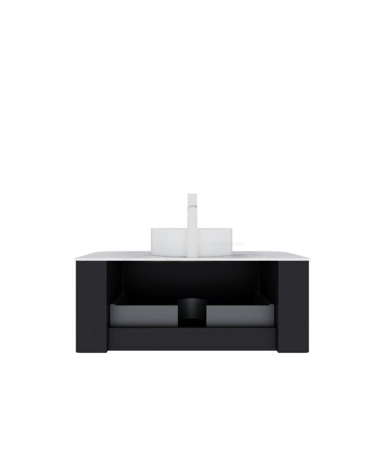 Sillysis Wall Mounted Bathroom Vanity with Sintered Stone Top, Round Ceramic Sink, Black Striped Drawer