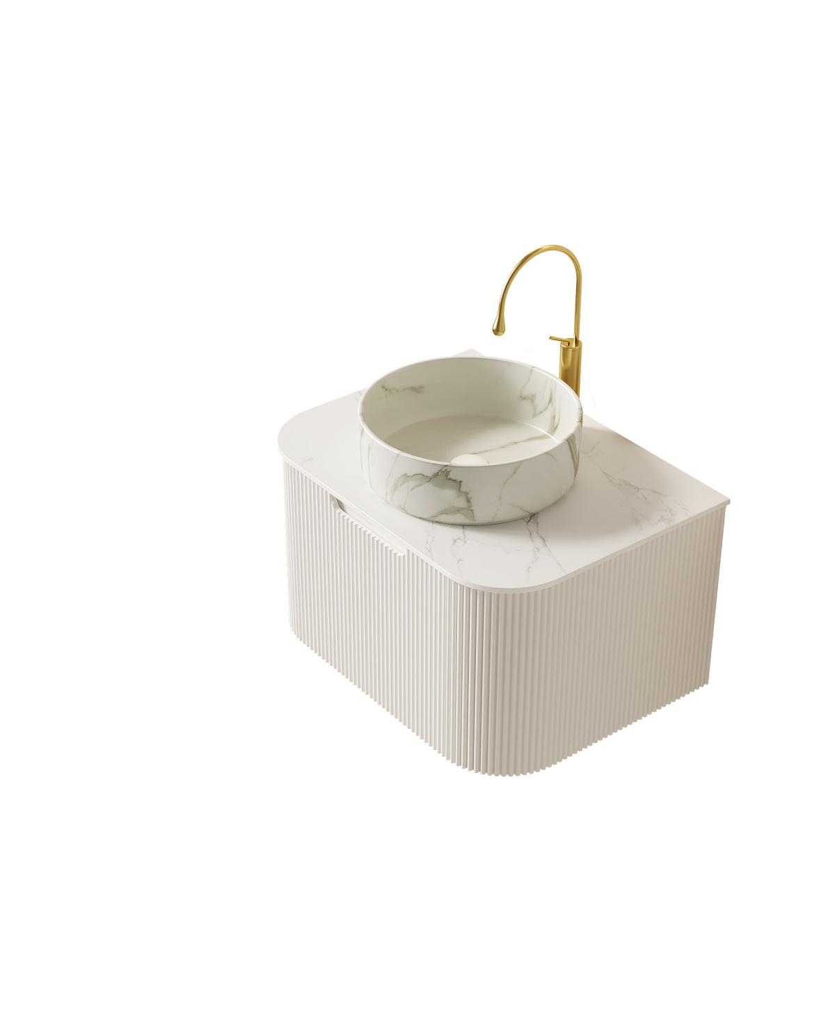 Sillysis Wall Mounted Bathroom Vanity with White Sintered Stone Top, Round Ceramic Bowl Sink