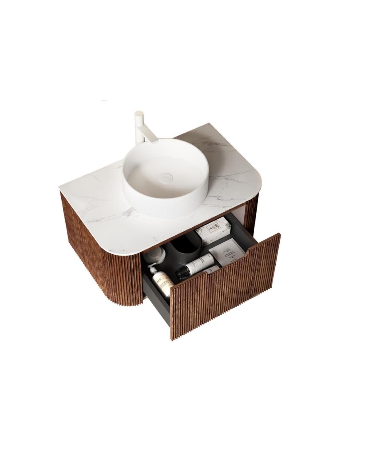 Sillysis Wall Mounted Bathroom Vanity with Artificial Marble Top, Round Ceramic Sink, Walnut Striped Drawer