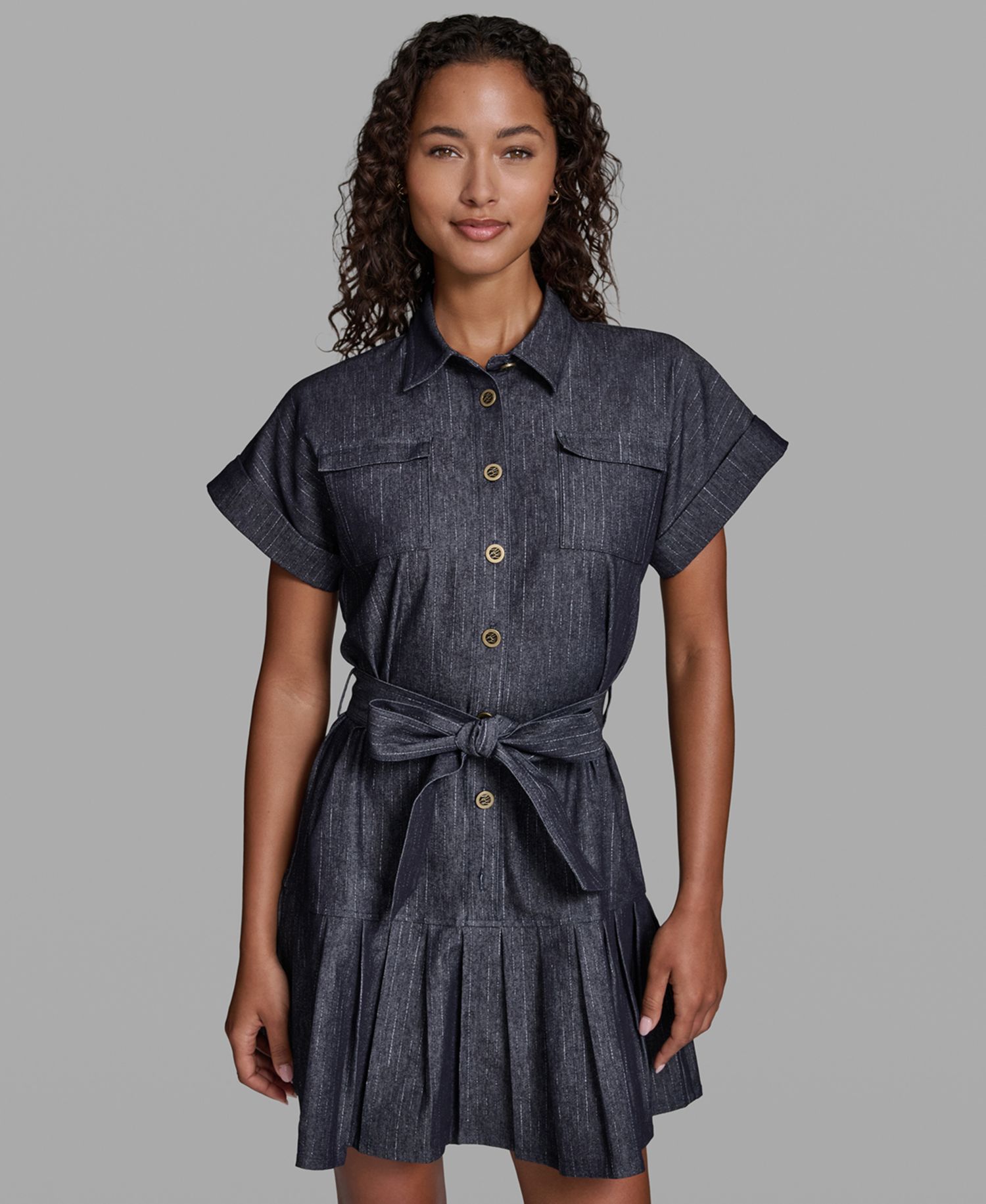 Women's Denim Pinstripe Collared Shirt-Dress