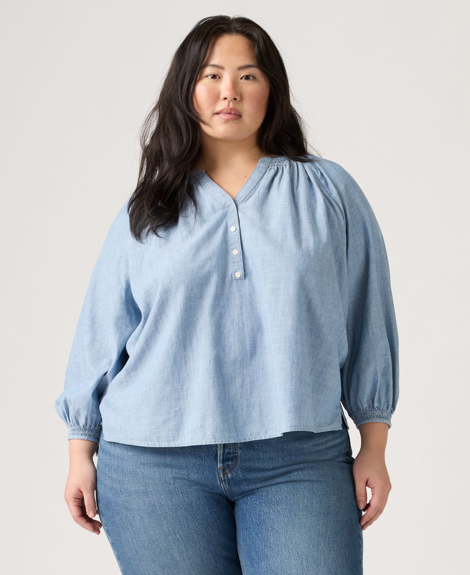 Plus Size V-Neck Chambray Relaxed-Fit Reverie Cotton Top