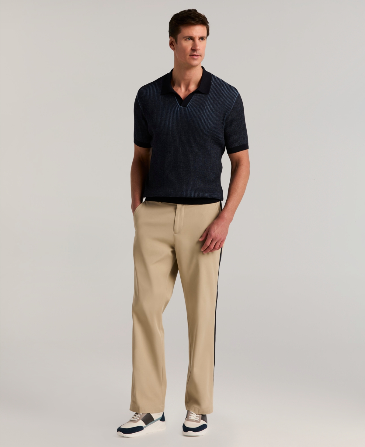 Perry Ellis Men's Bi Color Plaited Rib Open Polo Sweater