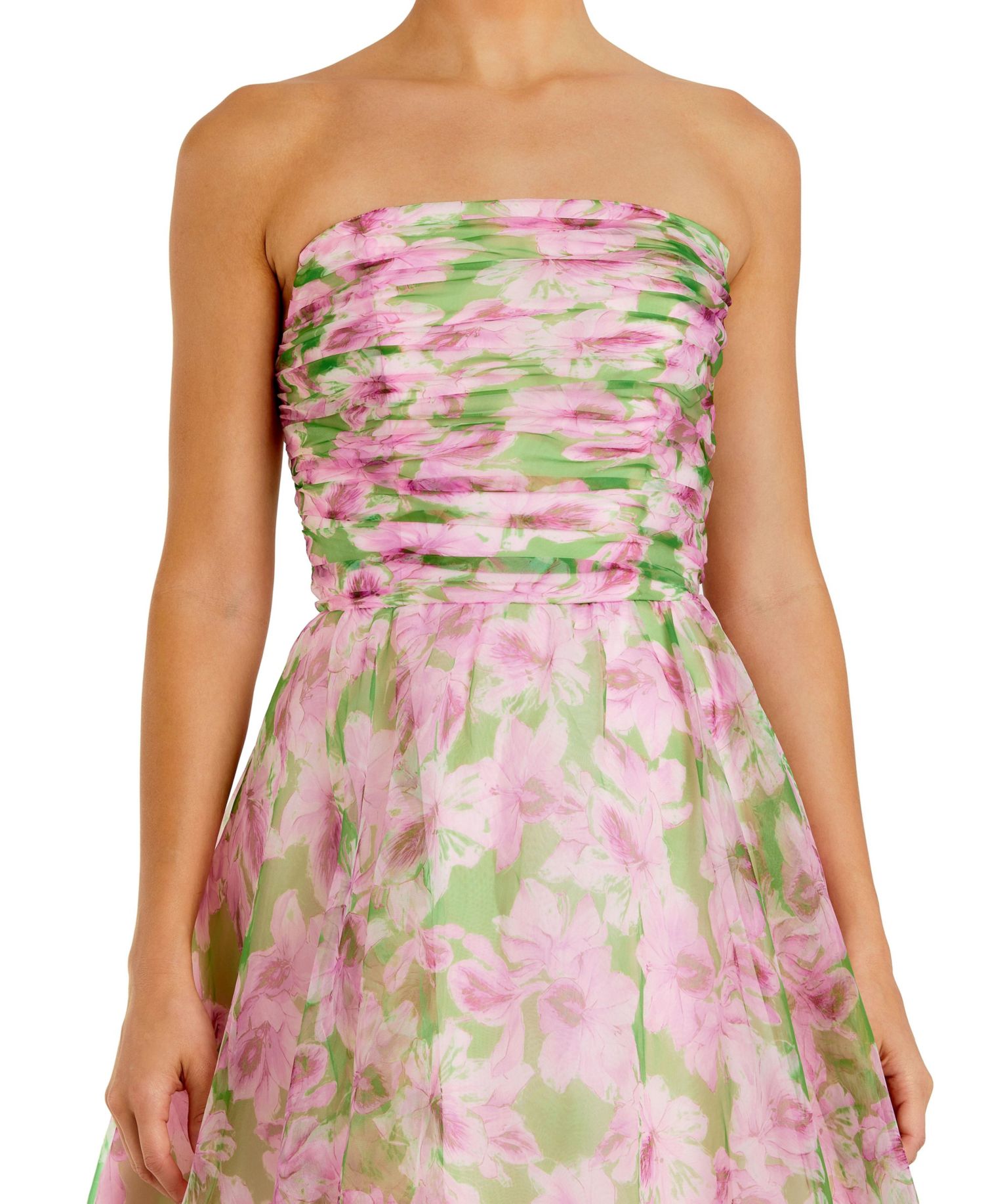 Women's Strapless Floral Chiffon Gown with Ruched Detail