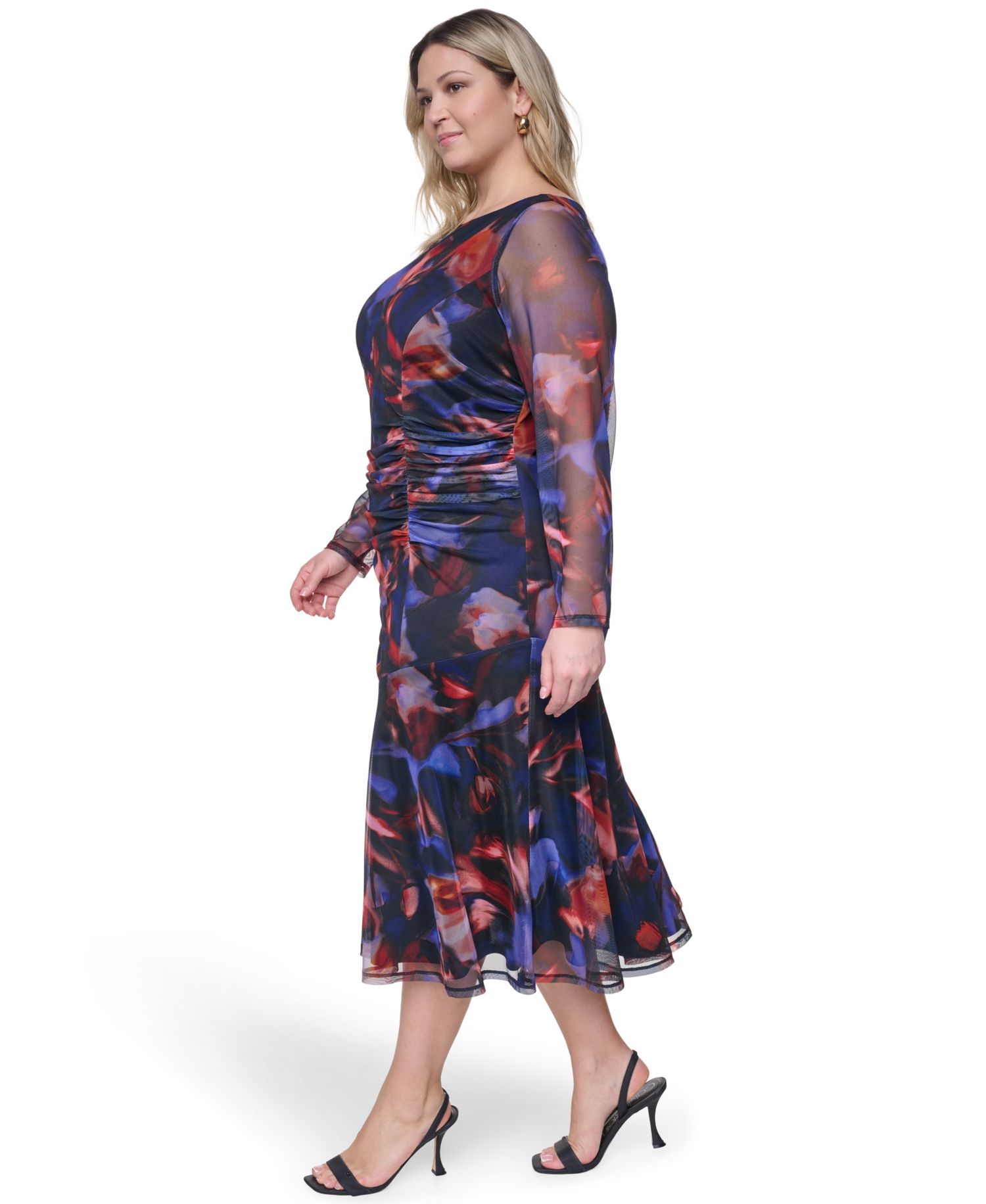 Plus Size Printed Side Ruched Mesh Midi Dress