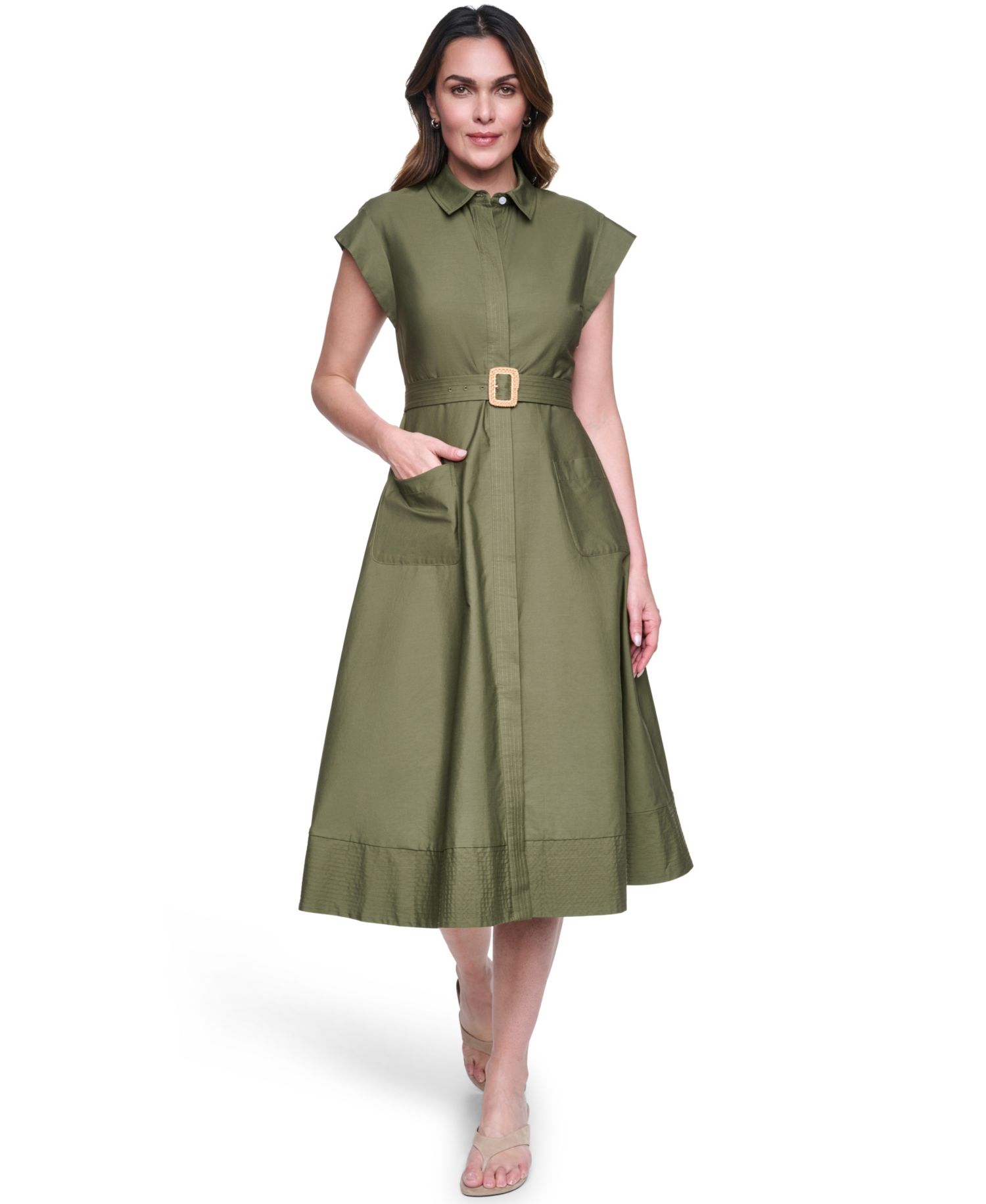Women's Short-Sleeve Trapunto Stitch Belted Midi Shirt-Dress