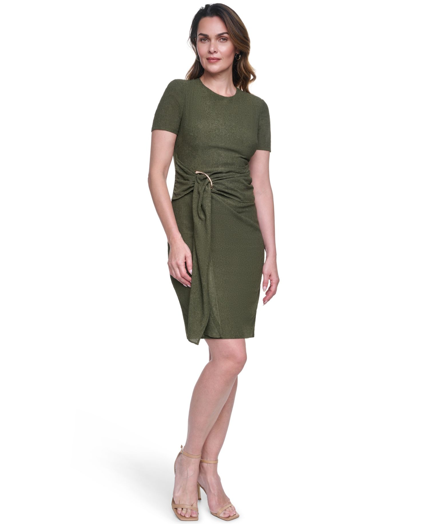 Petite Textured Knit Draped Waist Short-Sleeve Bodycon Dress