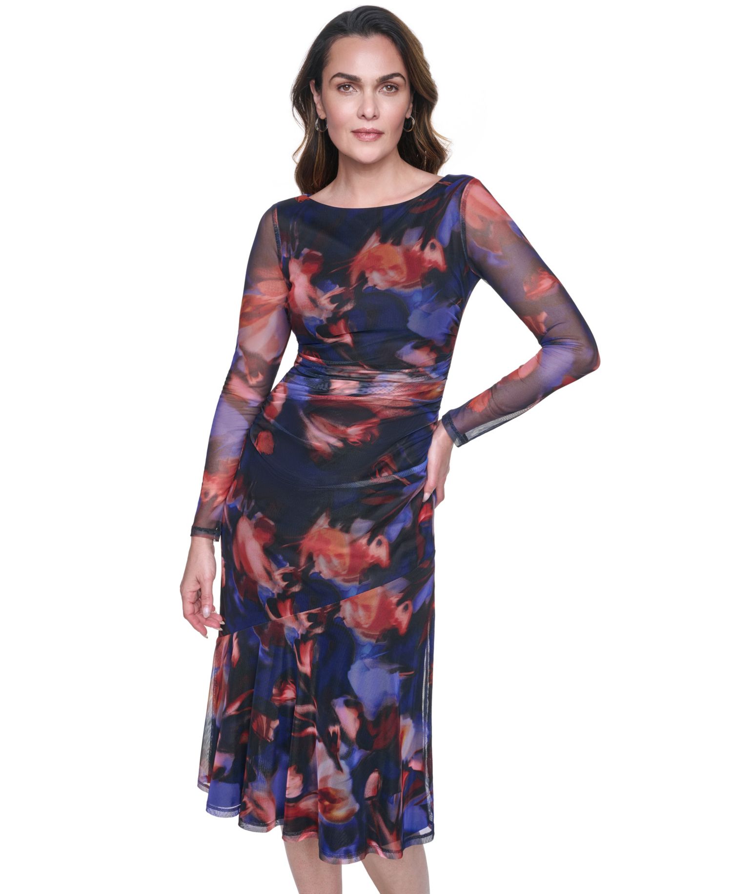 Petite Long-Sleeve Side Ruched Mesh Midi Dress