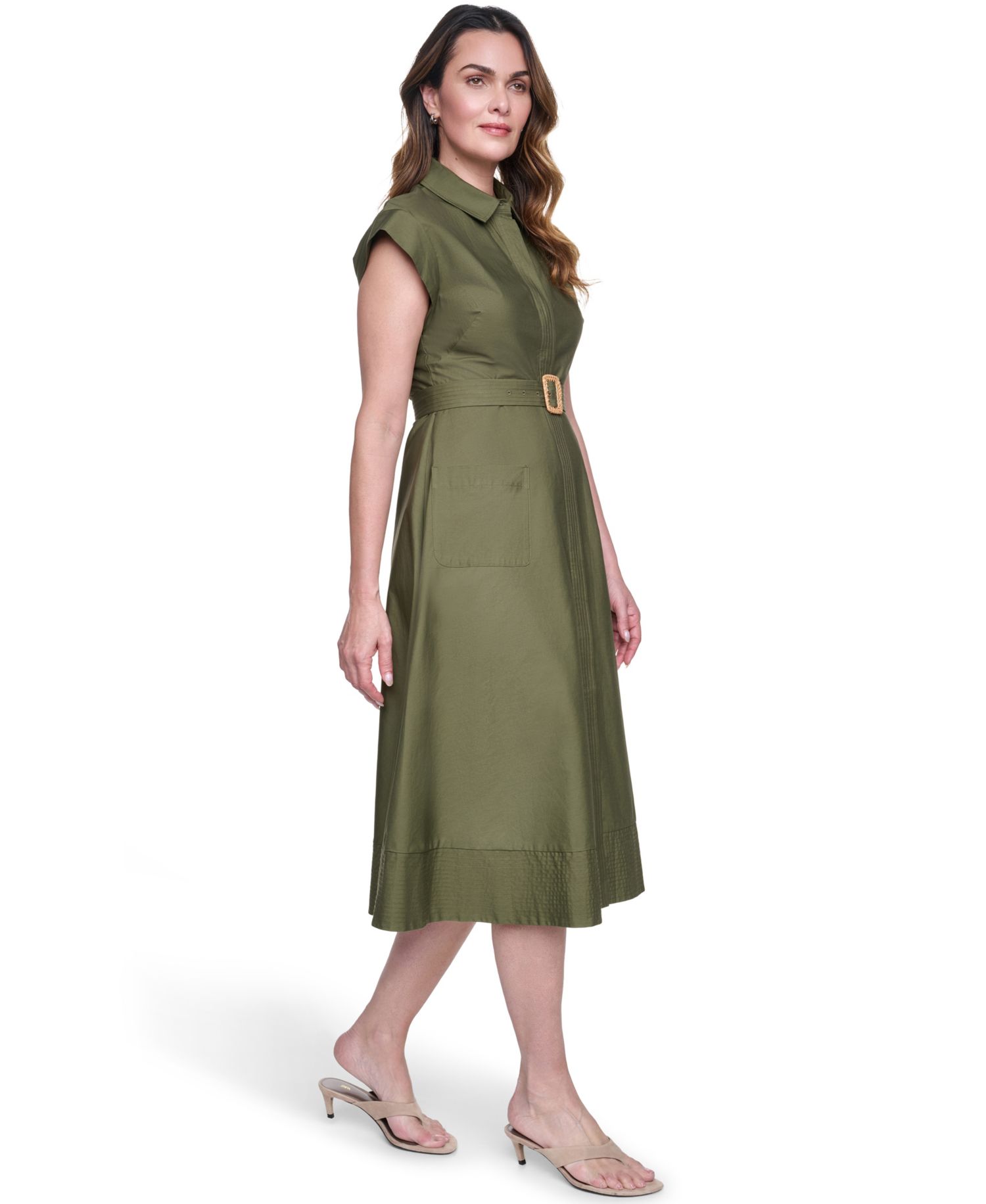 Petite Trapunto Stitch Collared Button-Down Midi Shirt-Dress