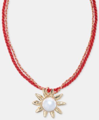 Imitation Pearl Sun Double Cord Pendant Necklace, 16" + 2" extender