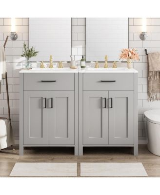  Modern Solid Wood MDF Vanity With Ceramic Sink, Soft-Close Doors Flip Drawer, Gold Handles