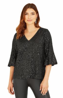 Women's Sequin V-Neck Fluted Sleeve Top