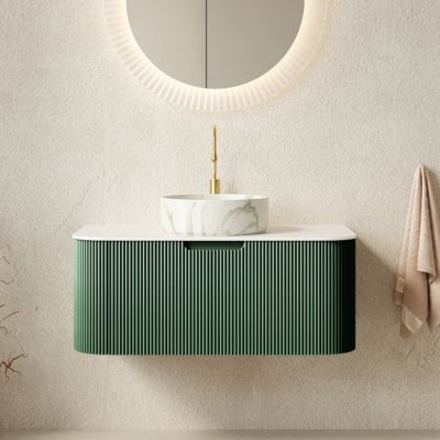 Wall Mounted Bathroom Vanity with Sintered Stone Top, Round Ceramic Basin, Stripe Drawer Panel, Pre-assembled