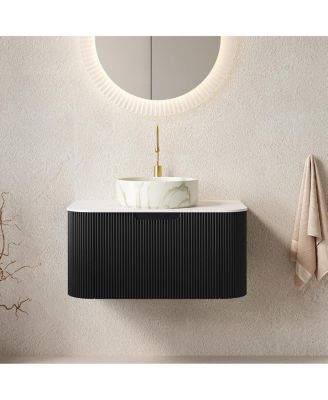 Wall Mounted Bathroom Vanity with Carrara Sintered Stone Top, Round Ceramic Sink, Stripe Drawer, Pre-assembled
