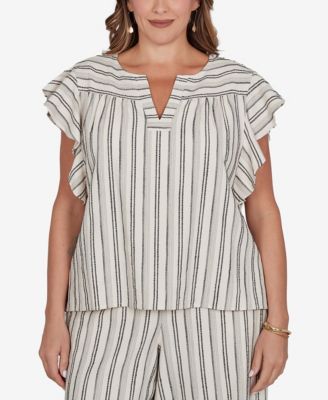 Plus Size Flutter-Sleeve Textured Stripe Top