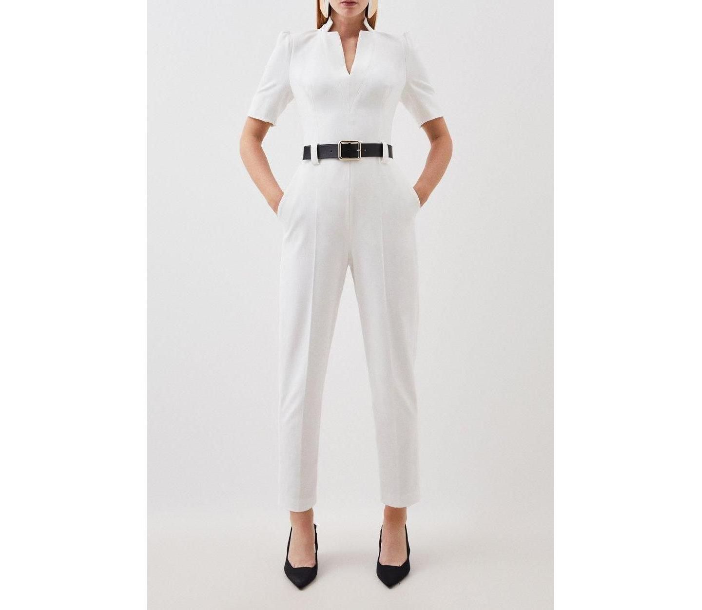 Женский комбинезон Karen Millen Structured Crepe Forever Belted Jumpsuit, цвет: Слоновая кость — фото 6