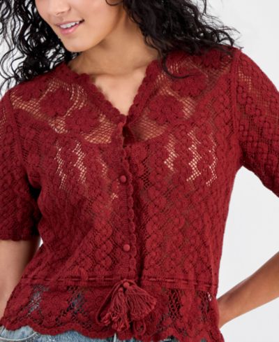 And Now This Women's Cotton Crochet Button-Front Peplum Top