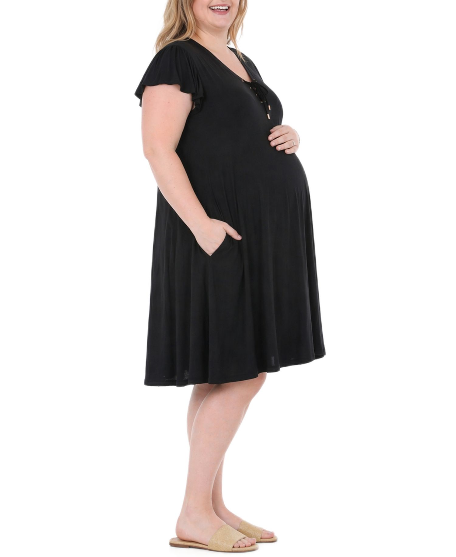 Plus Size Flutter-Sleeve Tie-Neck Maternity Dress