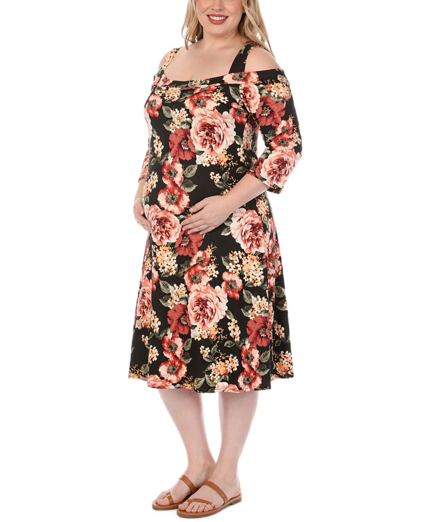 Plus Size Cold Shoulder Floral Print Maternity Dress