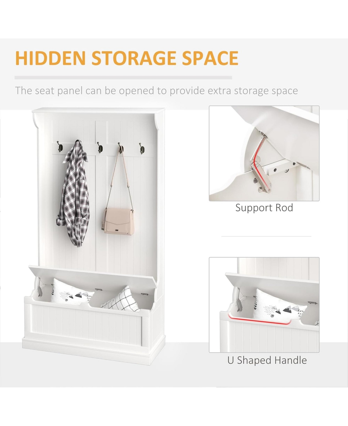 Rainsken Entryway Bench with Standing Coat Rack, Hall Tree with Shoe Storage Organizer and 5 Double Hooks for Hallway
