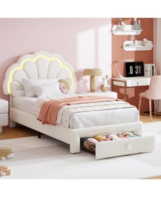 Upholstered Platform Bed Frame with LED Petal Headboard and Storage Drawer, Kids Bed with Wood Slat Support, No Box Spring Needed
