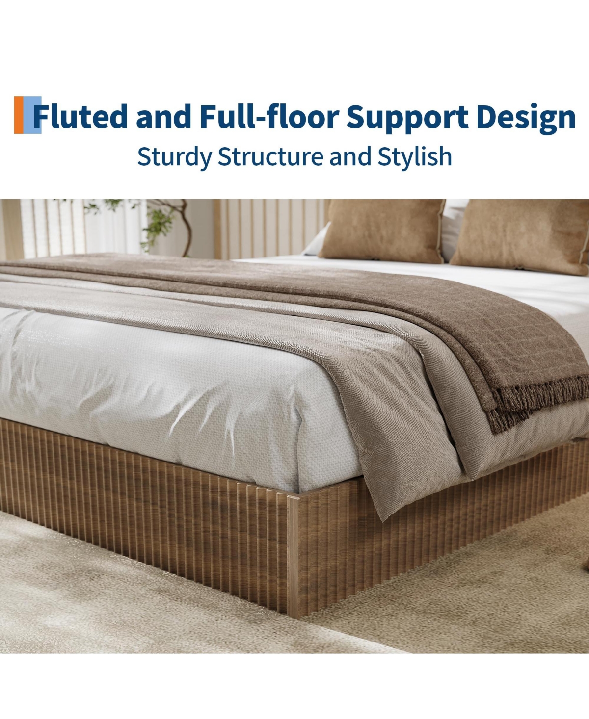 homfan Wood Platform Bed Frame with Fluted Design, Low Profile Bed, Quiet Slat Support