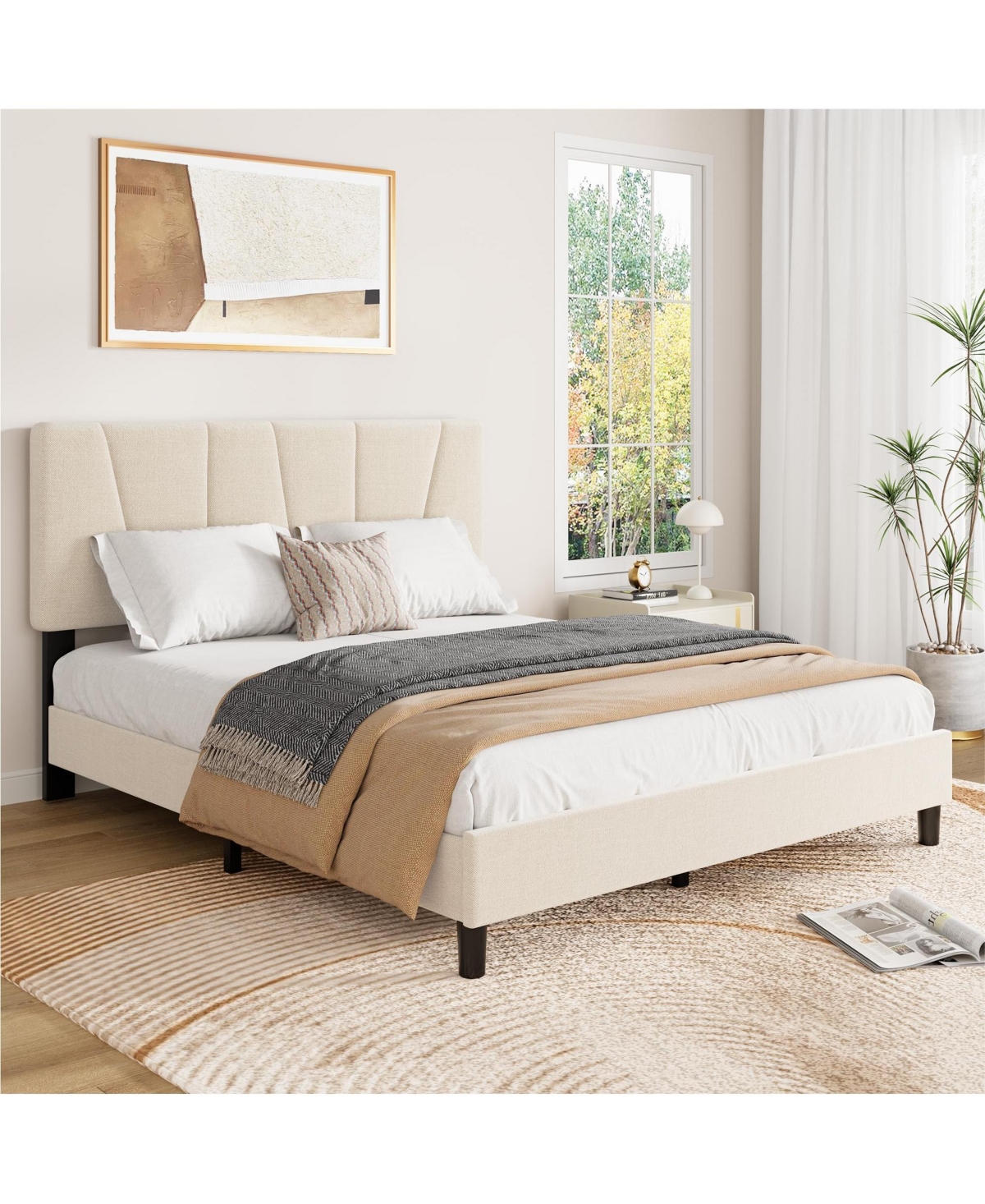 homfan Linen Upholstered Platform Bed Frame with 3-Level Adjustable Headboard, Wood Slat Support, Quiet Design