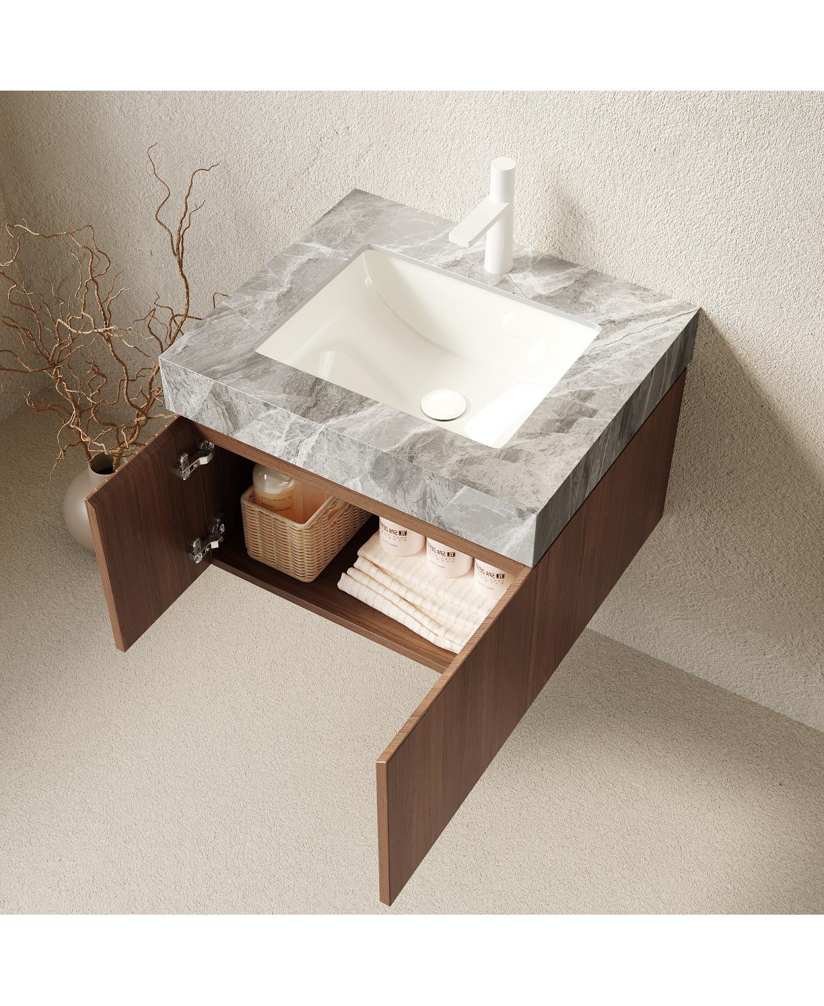 Sillysis Wall Mounted Bathroom Vanity, Luxury Sintered Stone Countertop, Undermount Ceramic Sink, Soft Close Storage Cabinet