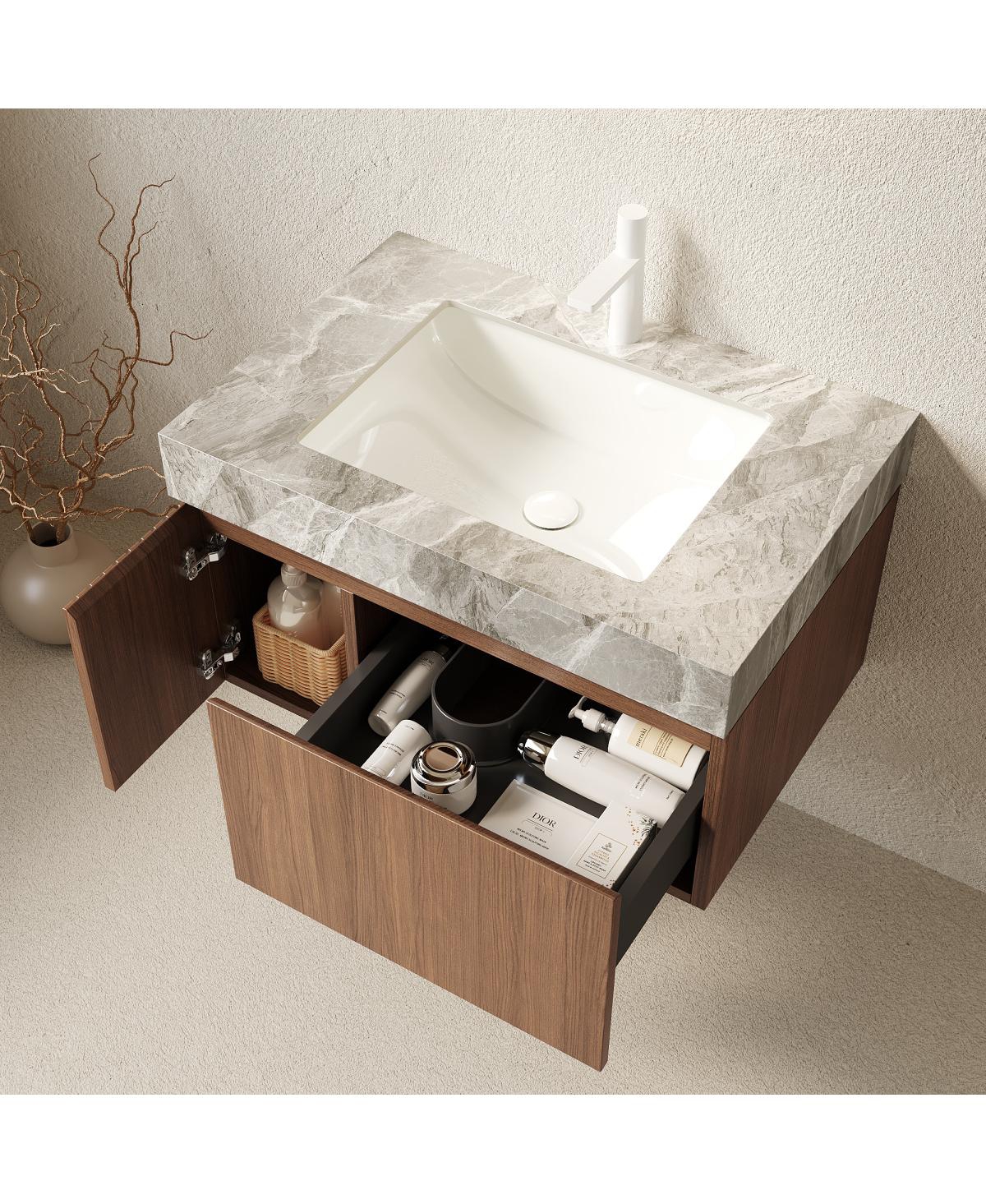 Sillysis Wall Mounted Bathroom Vanity, Luxury Sintered Stone Countertop, Undermount Ceramic Sink, Soft Close Storage Cabinet