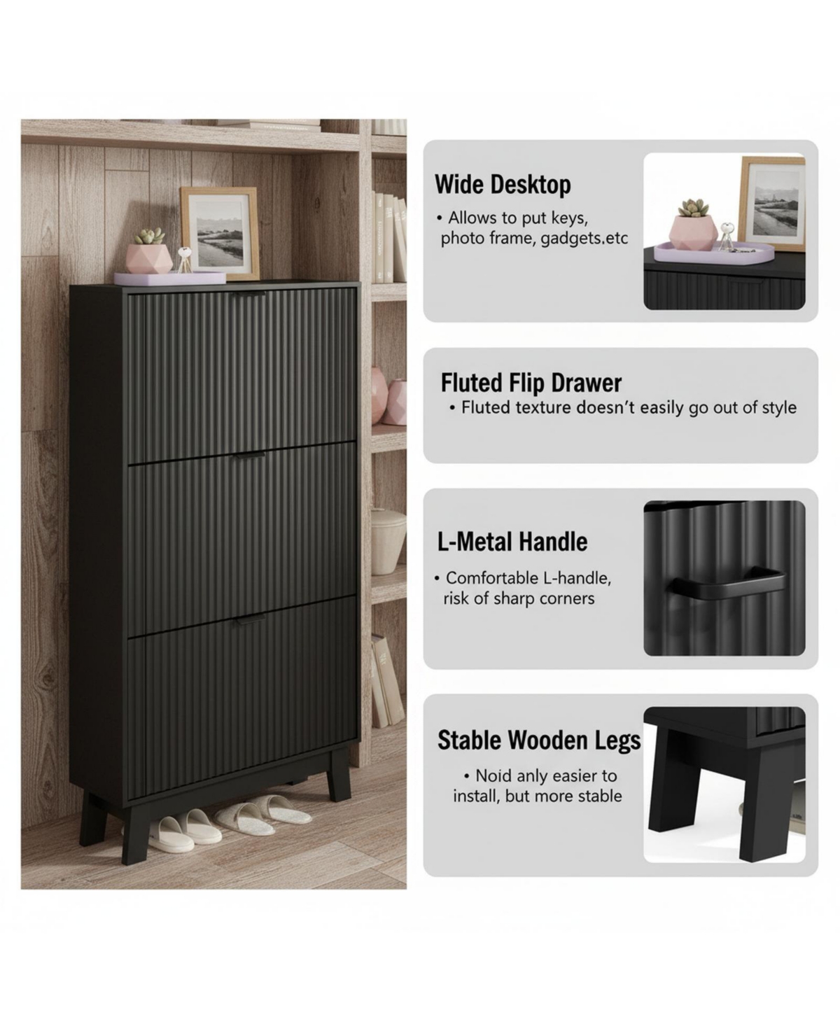 Yigii Fluted Shoe Cabinet 4 Flip Drawers Slim Entryway Storage Organizer