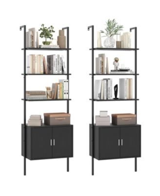 2 Piece 72.5 Inch Tall Bookshelf 5 Tier Wall Mount Ladder Bookcase with Cabinet