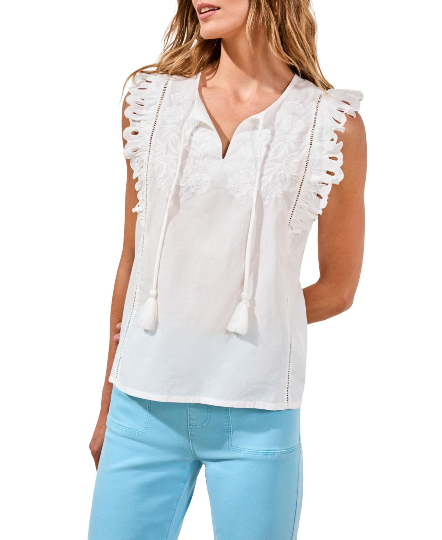 Women's Poplin V-Neck Top with Embroidery