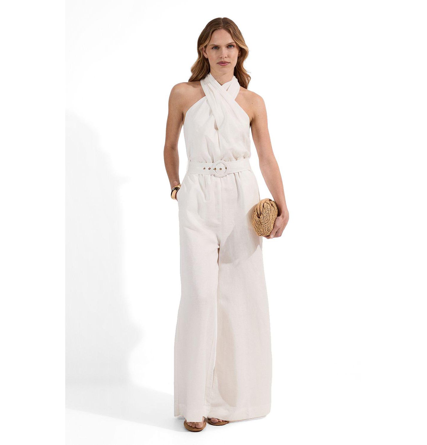 Женский комбинезон Karen Millen Linen Blend Wide Leg Belted Jumpsuit, цвет: Белый — фото 1