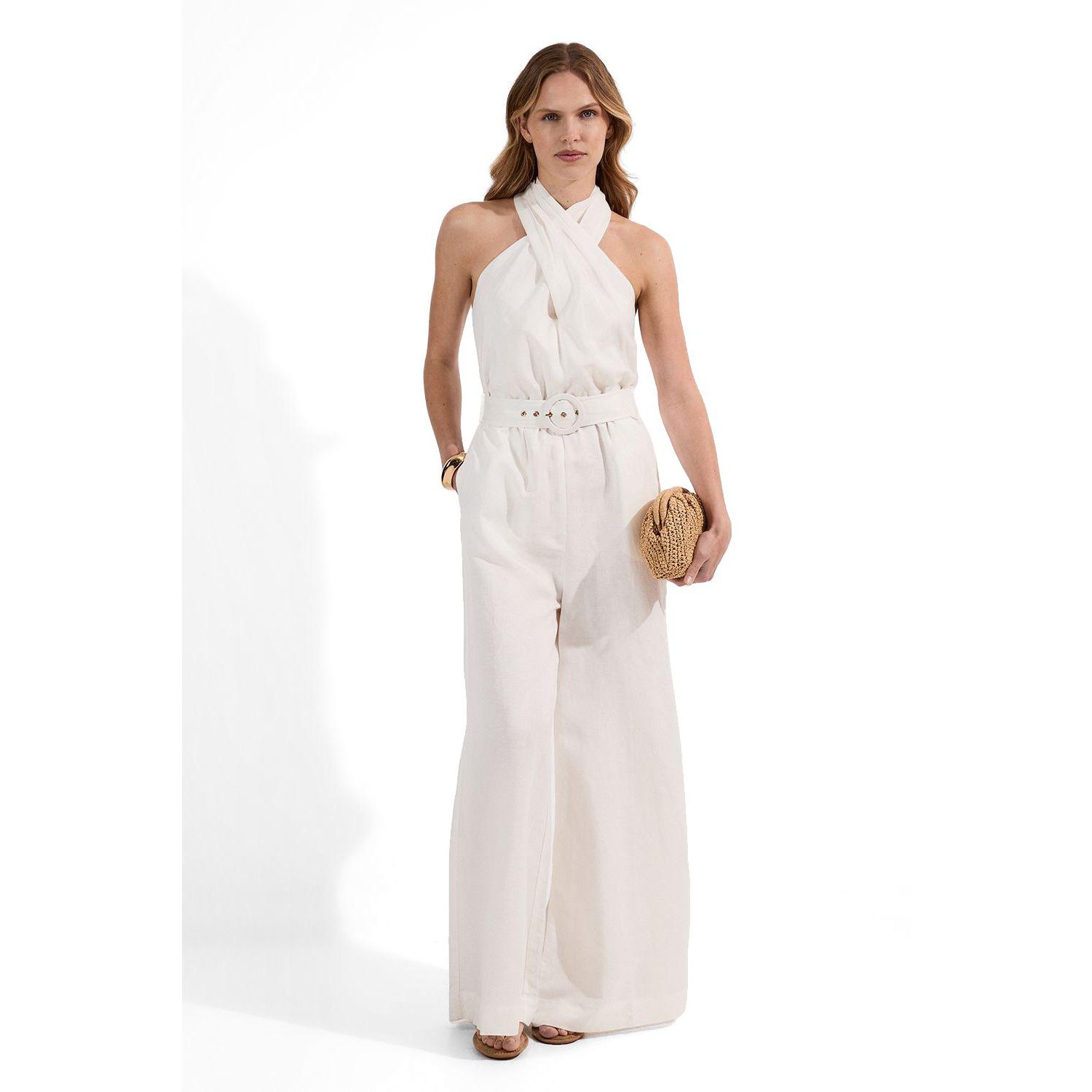 Women's Linen Blend Wide Leg Belted Jumpsuit