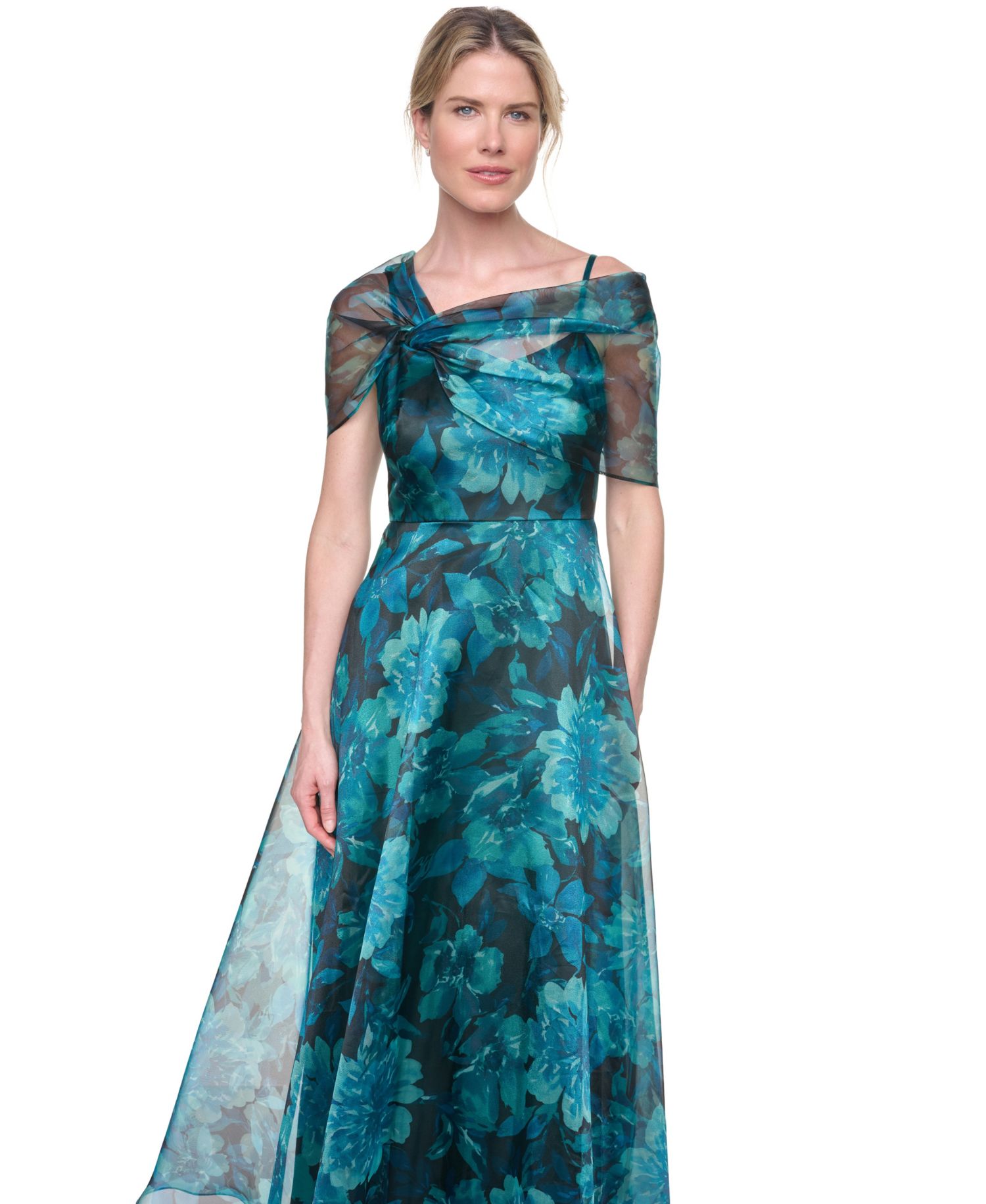 Petite Asymmetric Neck Cap-Sleeve Ball Gown