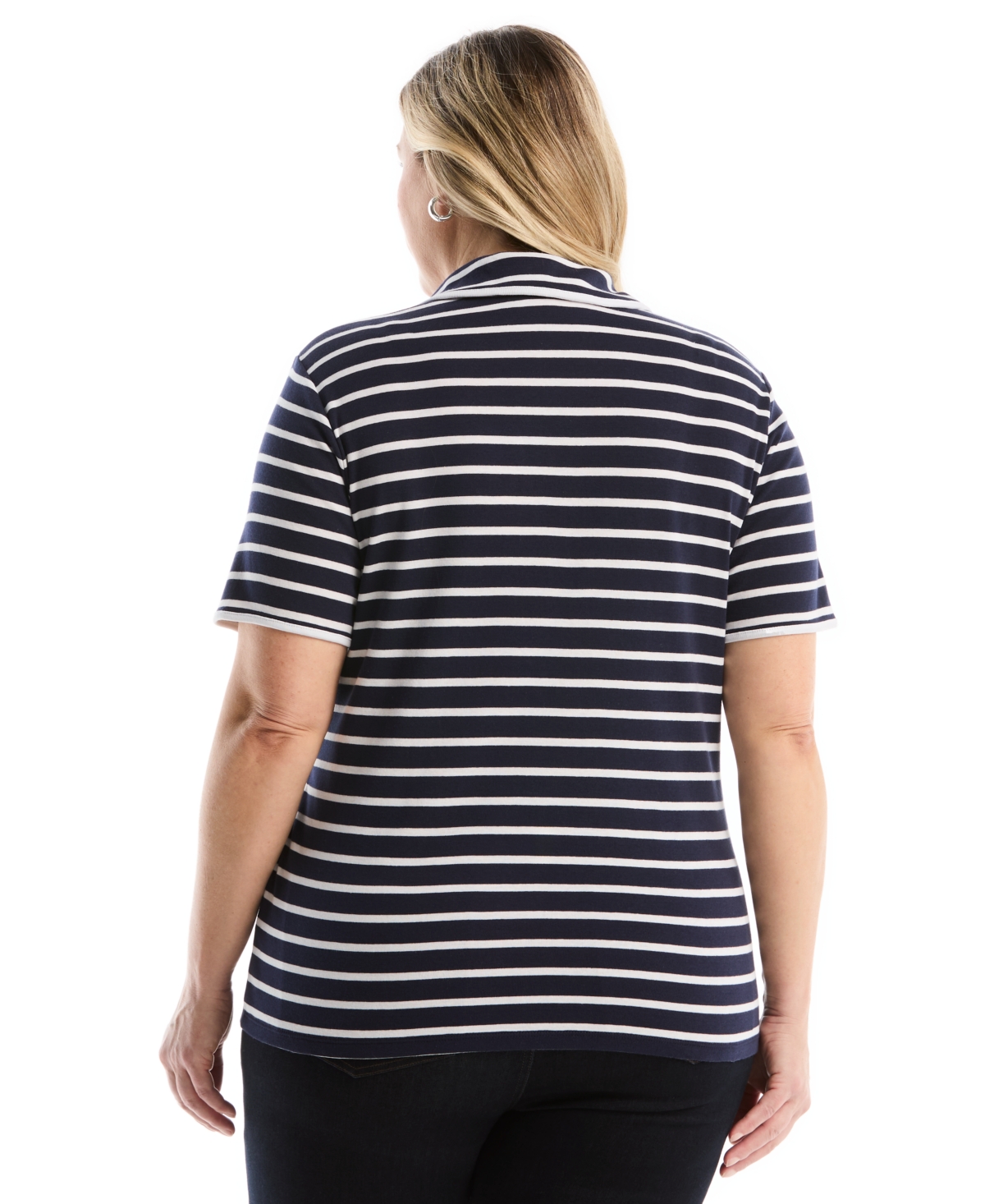 Rafaella Plus Striped Contrast Trim Johnny Collar Short Sleeve Polo Shirt