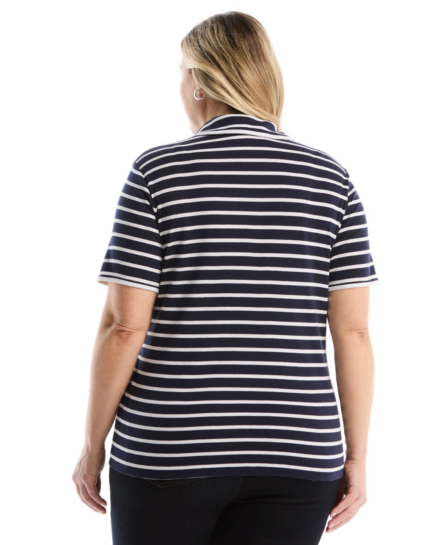 Plus Size Striped Contrast Trim Johnny Collar Short-Sleeve Polo Shirt