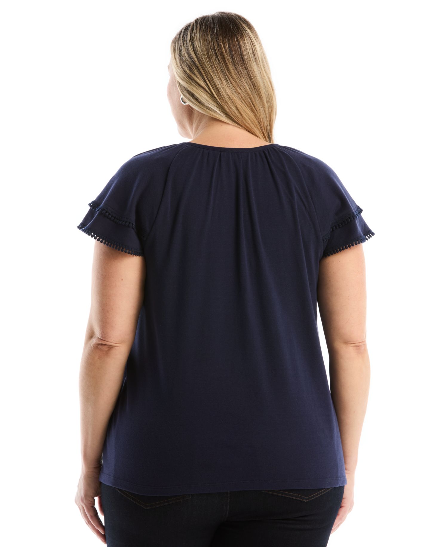 Plus Size Eyelet Flutter-Sleeve Split Neck Short-Sleeve Top