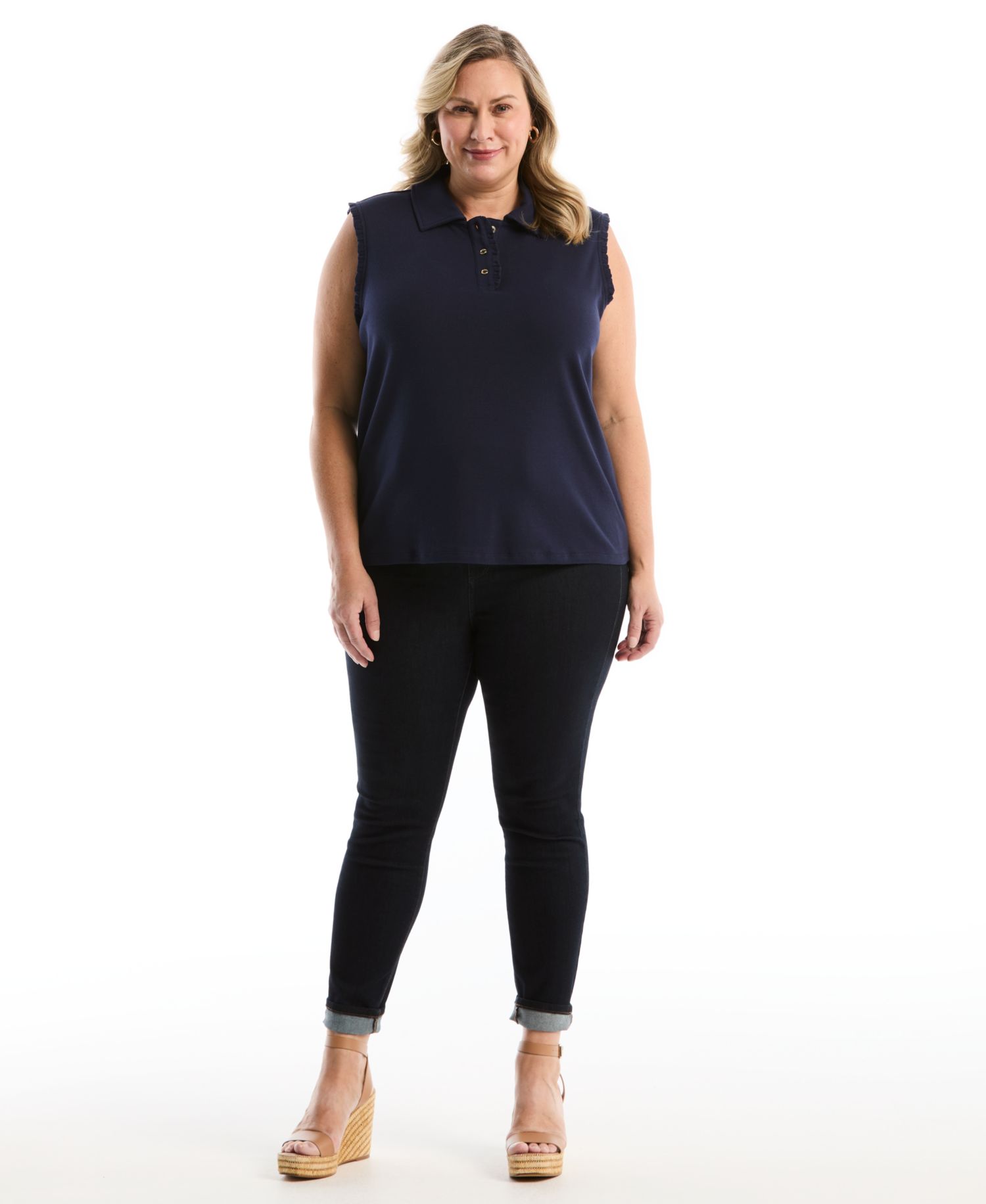 Plus Size Ruffle Trim Sleeveless Polo Shirt