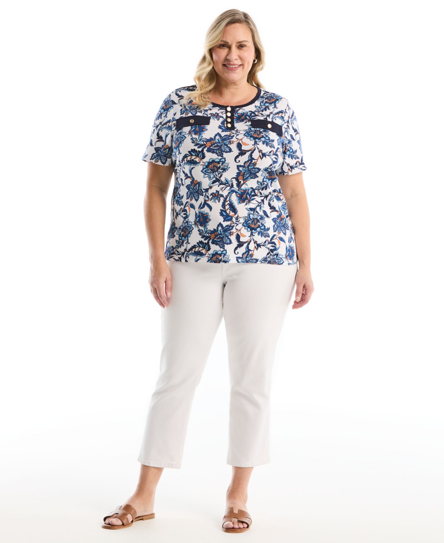 Plus Size Botanical Welt Pocket Button Detail Short-Sleeve Top