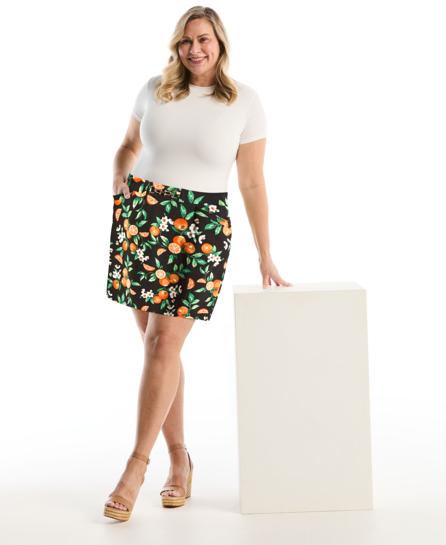 Plus Size Orange Print Horse Bit Belted Skort
