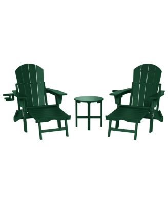 3-Piece Outdoor Folding Adjustable Adirondack Chair with Cup Holder and Hideaway Ottoman and 18" Side Table